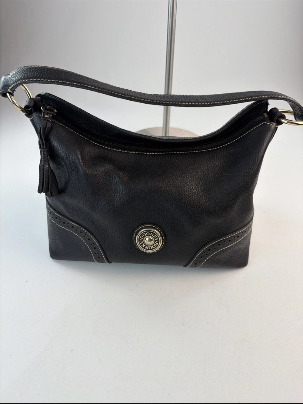 Dooney & Bourke Black Pebble Leather Hobo Shoulder Bag with Tassel